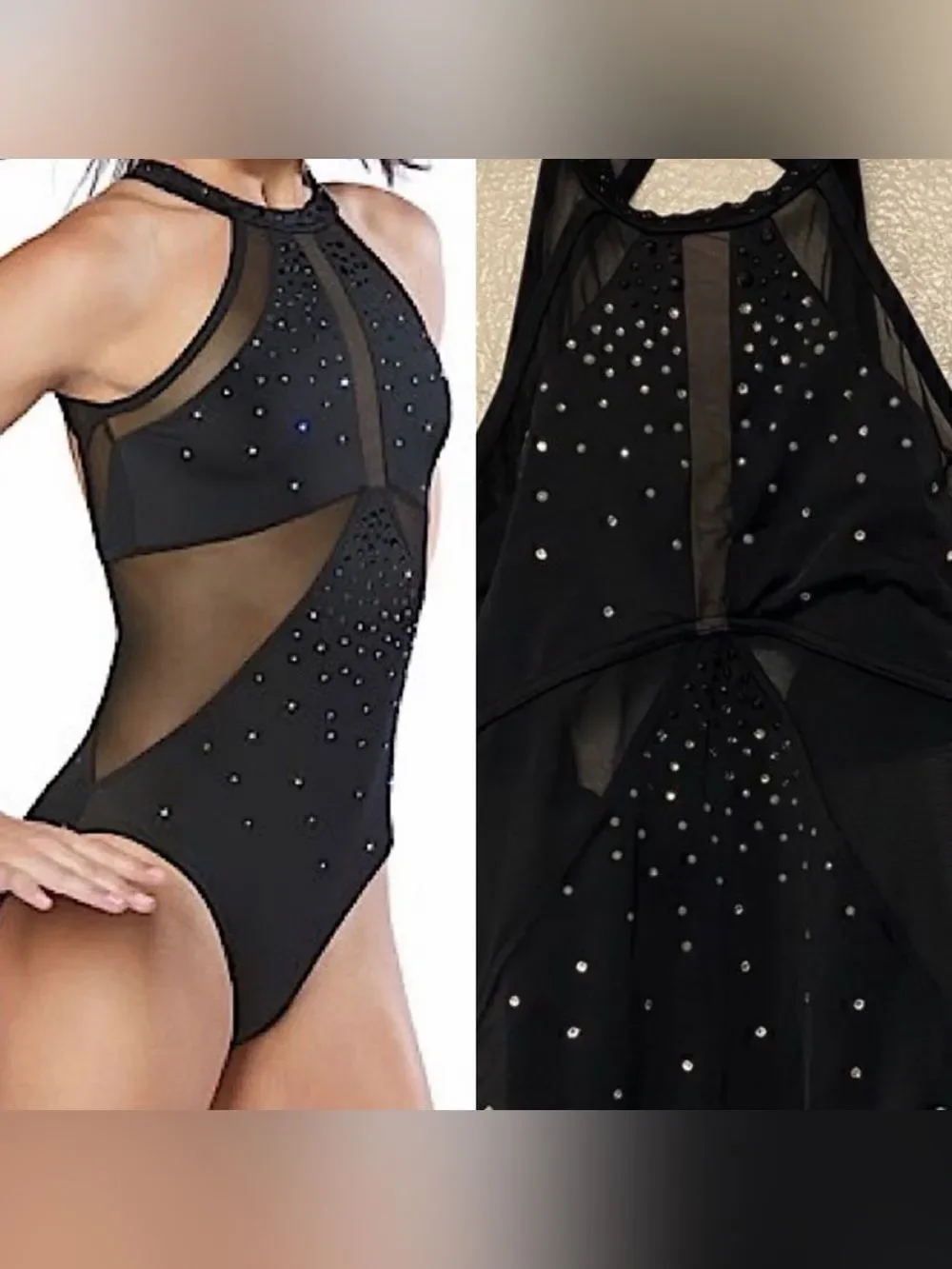 WEISSMAN Ivy Sky Dance Costume black illusion Crystal Halter Leotard MT10716 SA